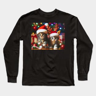 Cute kittens with Santa Claus and reindeer hats and Christmas tree Long Sleeve T-Shirt